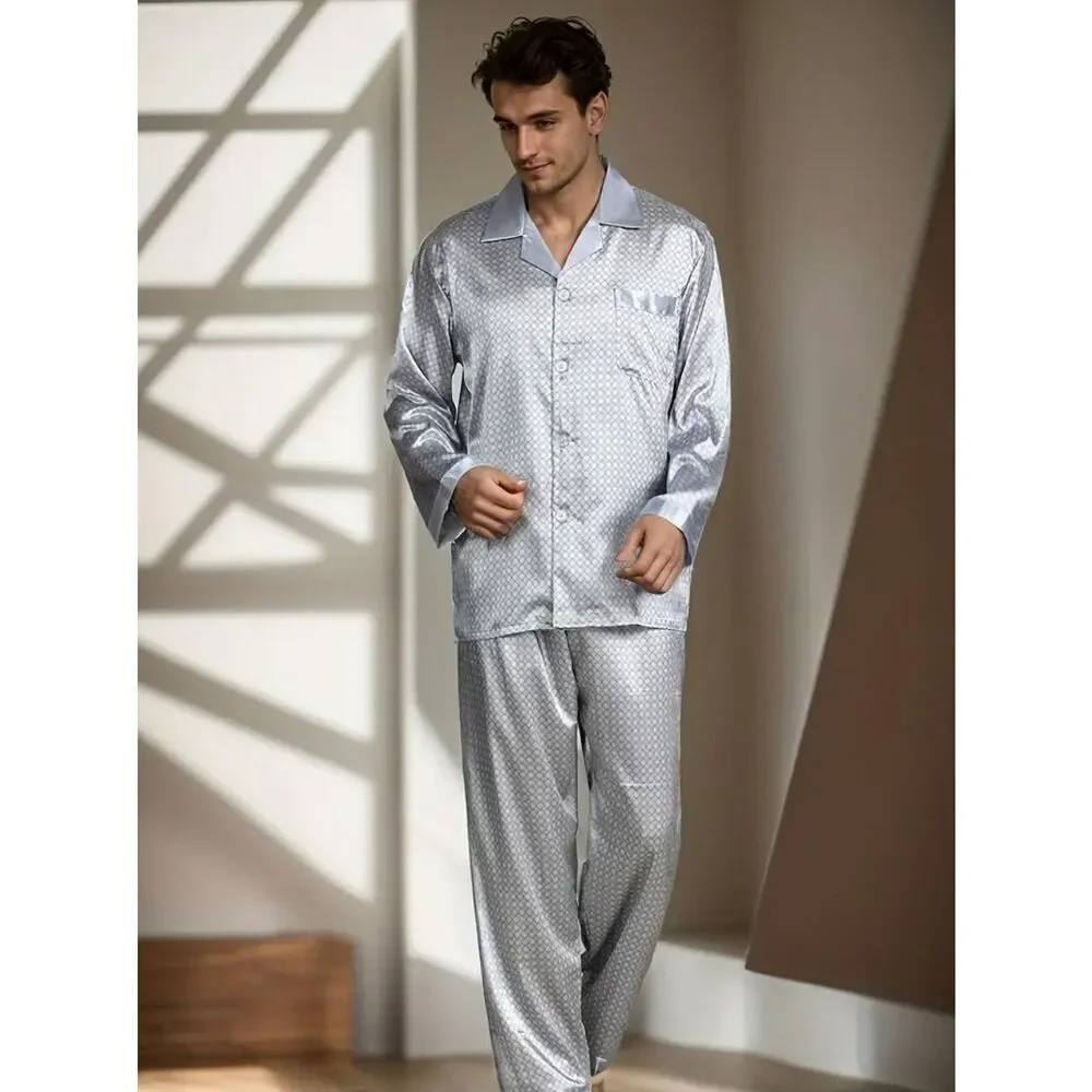 NWT Dreams M Men’s Silky Silver Satin Pants & Long sleeve top Shirt Pajama Set
